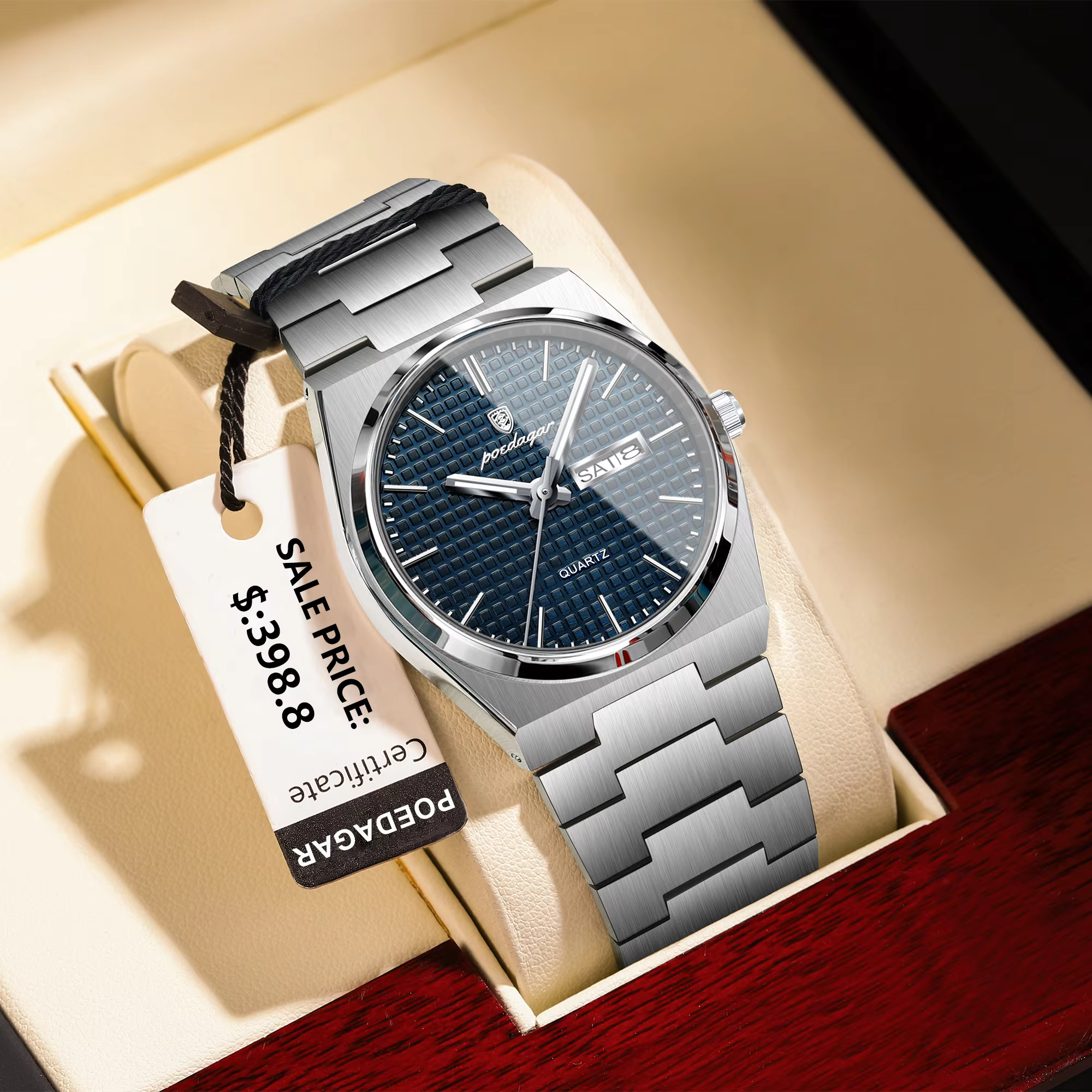 POEDAGAR 821 Quartz Analog Watch in silver stainless steel with blue patterned dial.