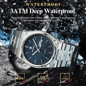 POEDAGAR 821 Quartz Analog Watch with blue dial and silver band in splashing water.