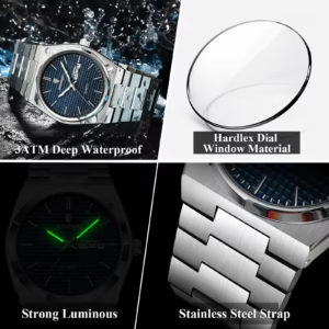 POEDAGAR 821 Quartz Analog Watch gallery showing waterproof dial window, luminous hands, and stainless steel strap.