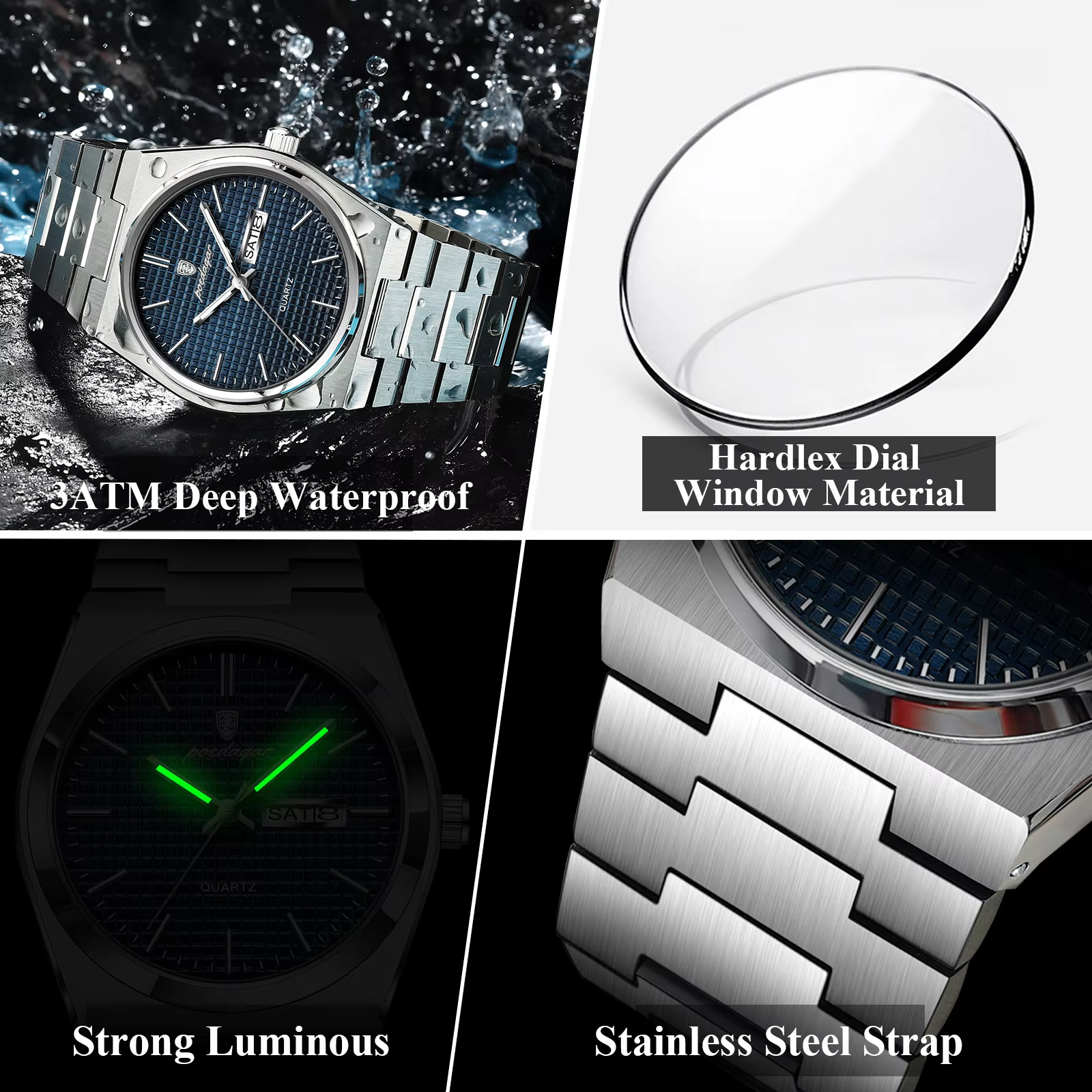 POEDAGAR 821 Quartz Analog Watch gallery showing waterproof dial window, luminous hands, and stainless steel strap.