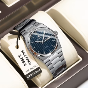 POEDAGAR 821 Quartz Analog Watch with blue patterned dial and stainless steel band.