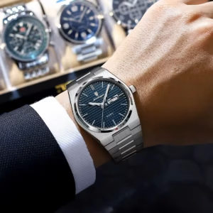 POEDAGAR 821 Quartz Analog Watch with blue patterned dial and stainless steel band on wrist.