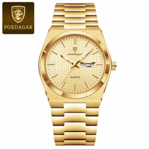 Gold POEDAGAR 821 Quartz Analog Watch with a patterned dial and stainless steel bracelet.