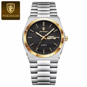 POEDAGAR 821 Quartz Analog Watch in gold black with a patterned dial and stainless steel band.