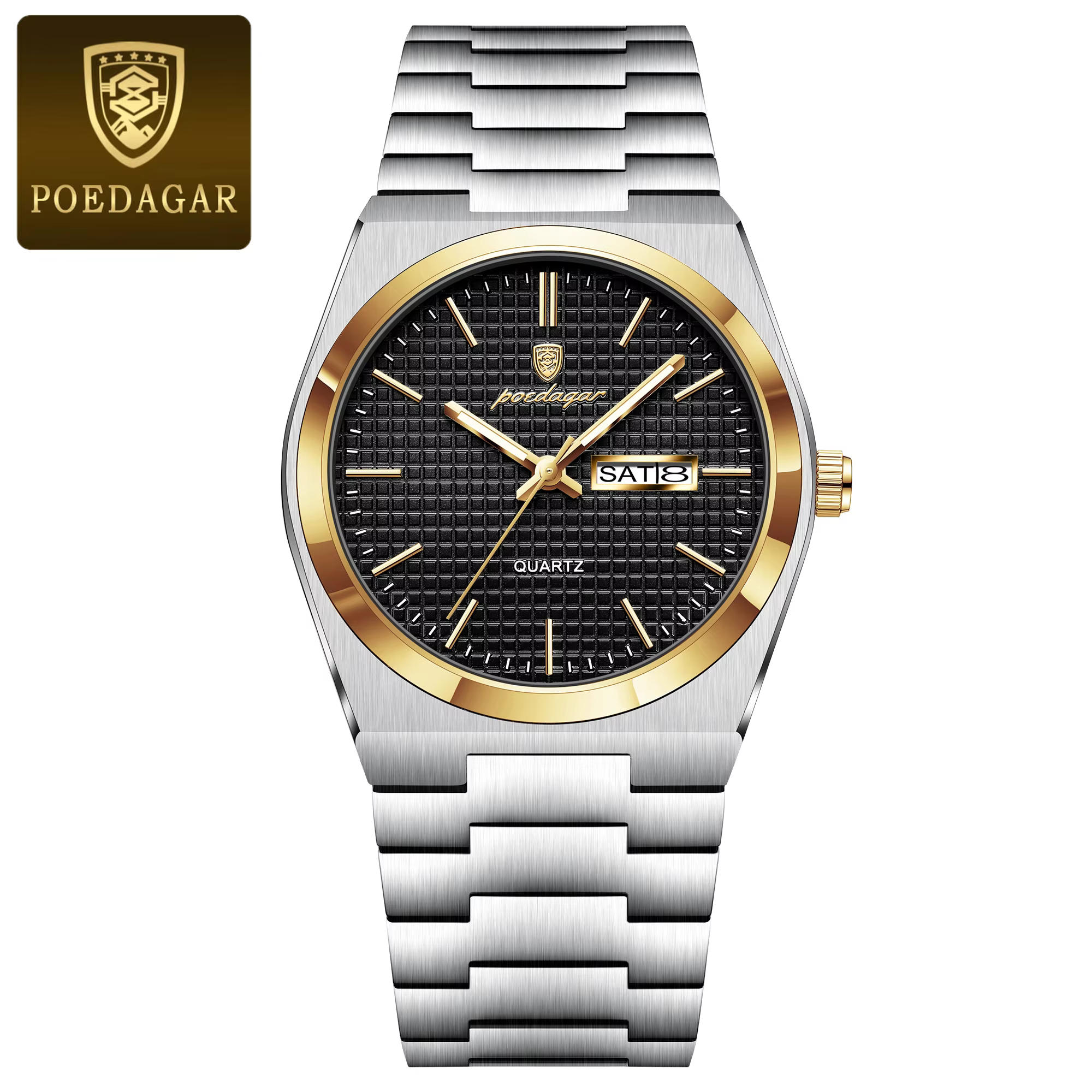 POEDAGAR 821 Quartz Analog Watch in gold black with a patterned dial and stainless steel band.