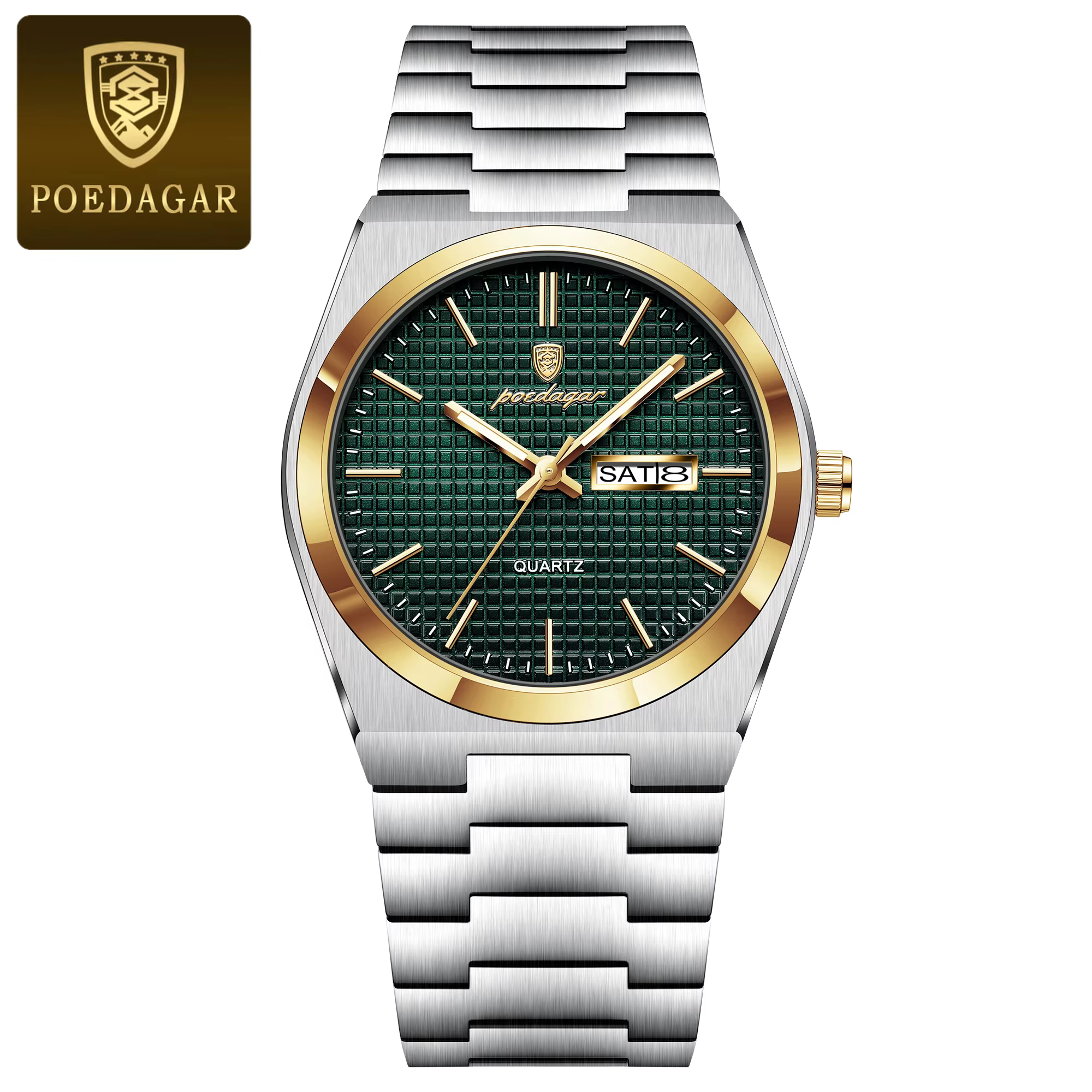 POEDAGAR 821 Quartz Analog Watch in gold green with a patterned dial and stainless steel bracelet.