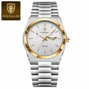 POEDAGAR 821 Quartz Analog Watch gold white variation with a patterned dial.