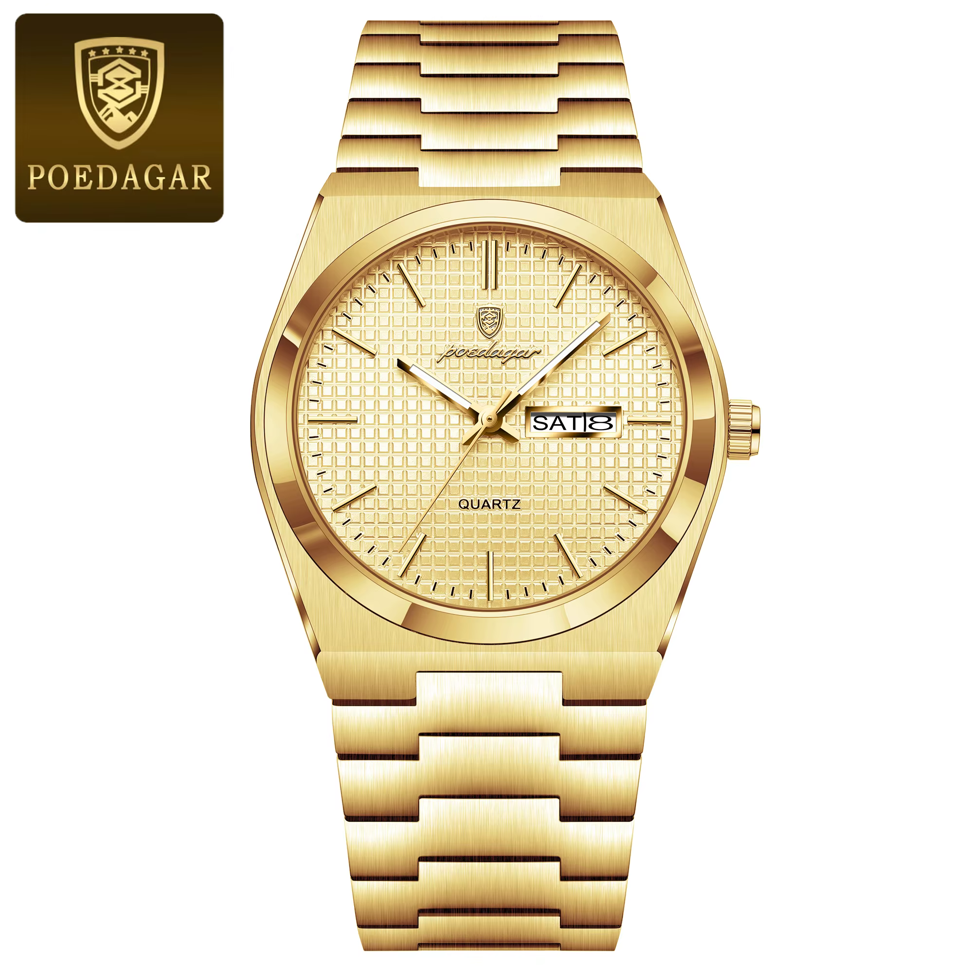 Gold POEDAGAR 821 Quartz Analog Watch with a patterned dial and stainless steel bracelet.