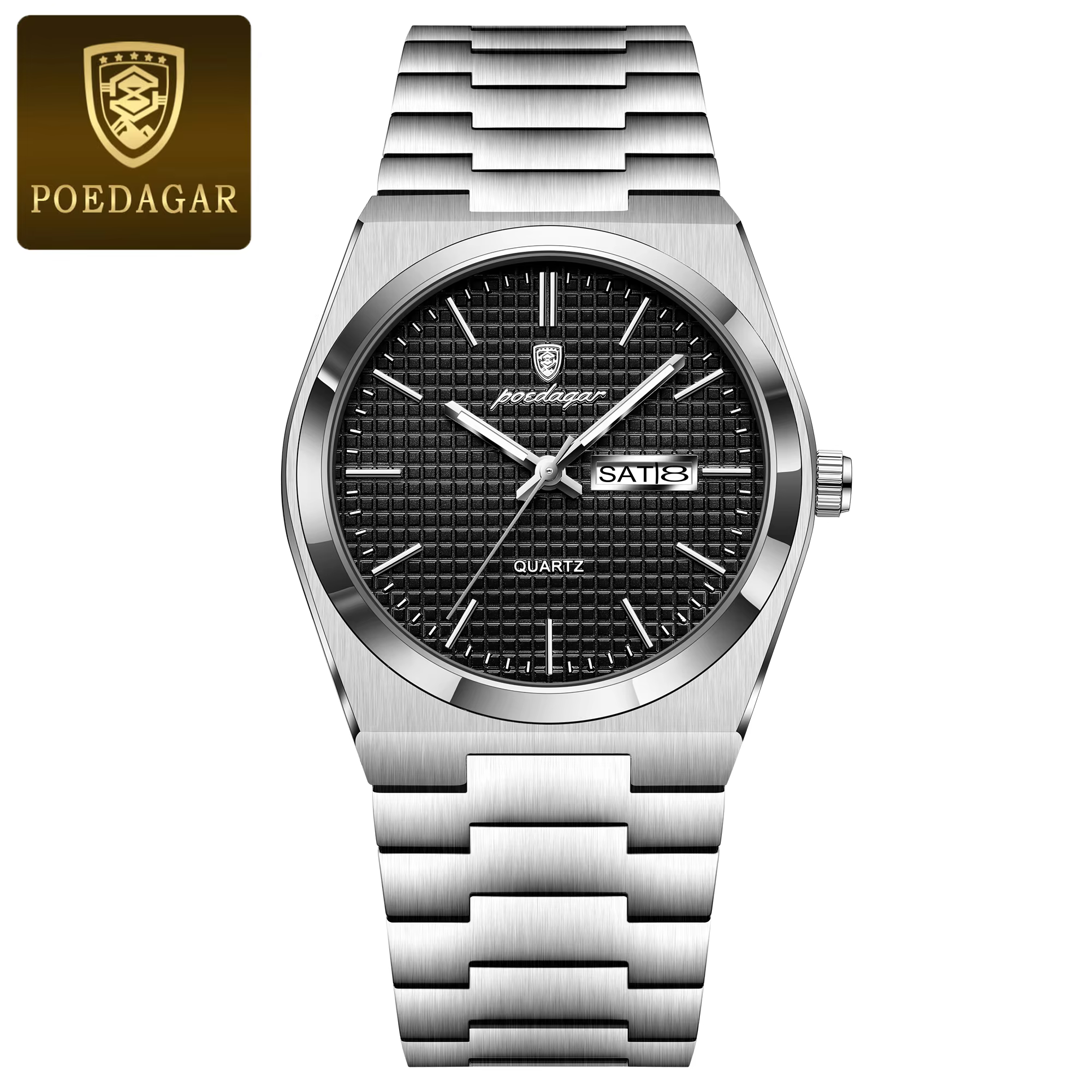 POEDAGAR 821 Quartz Analog Watch in silver with a black patterned dial.