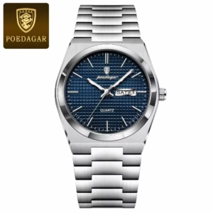POEDAGAR 821 Quartz Analog Watch in silver blue with a patterned dial.