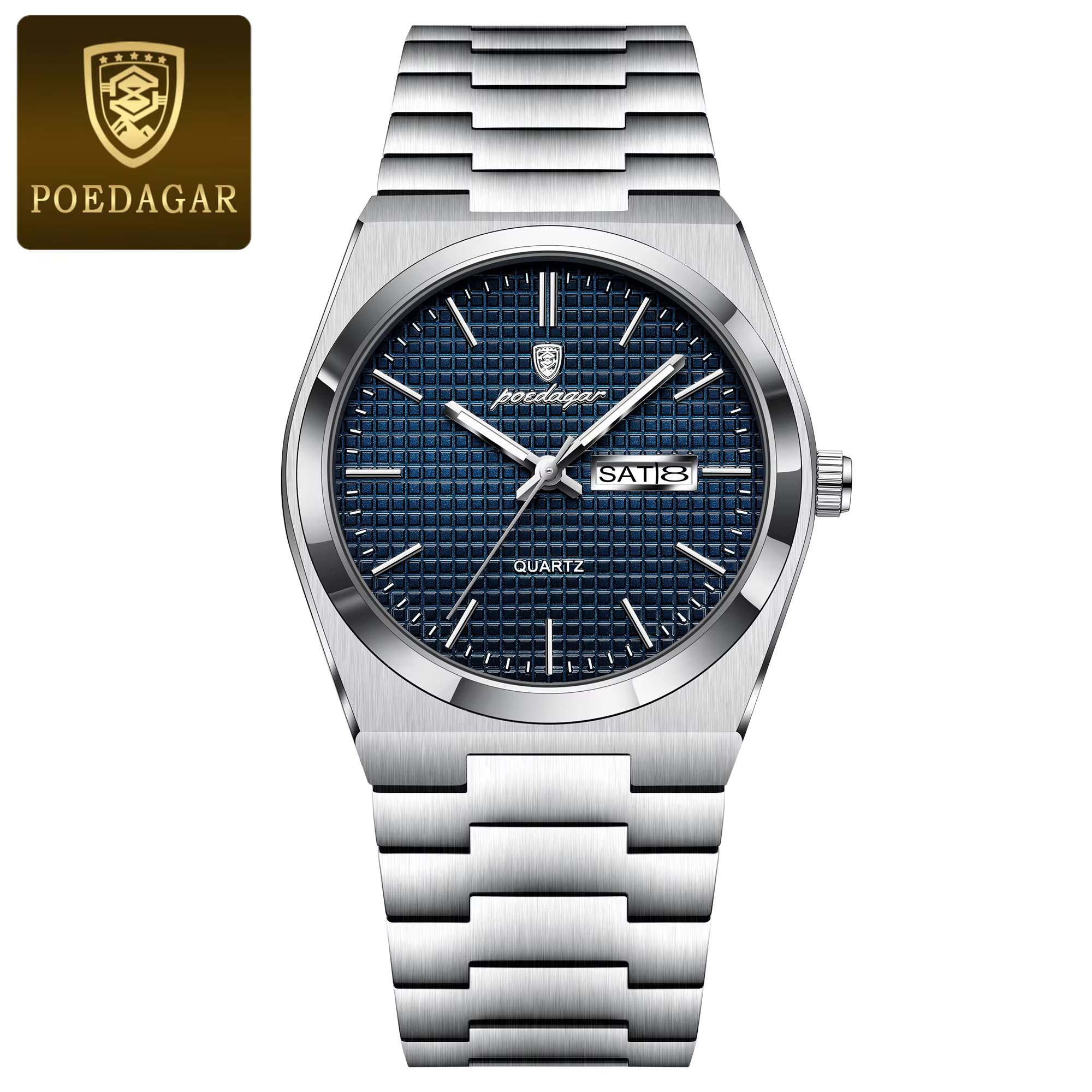 POEDAGAR 821 Quartz Analog Watch in silver blue with a patterned dial.