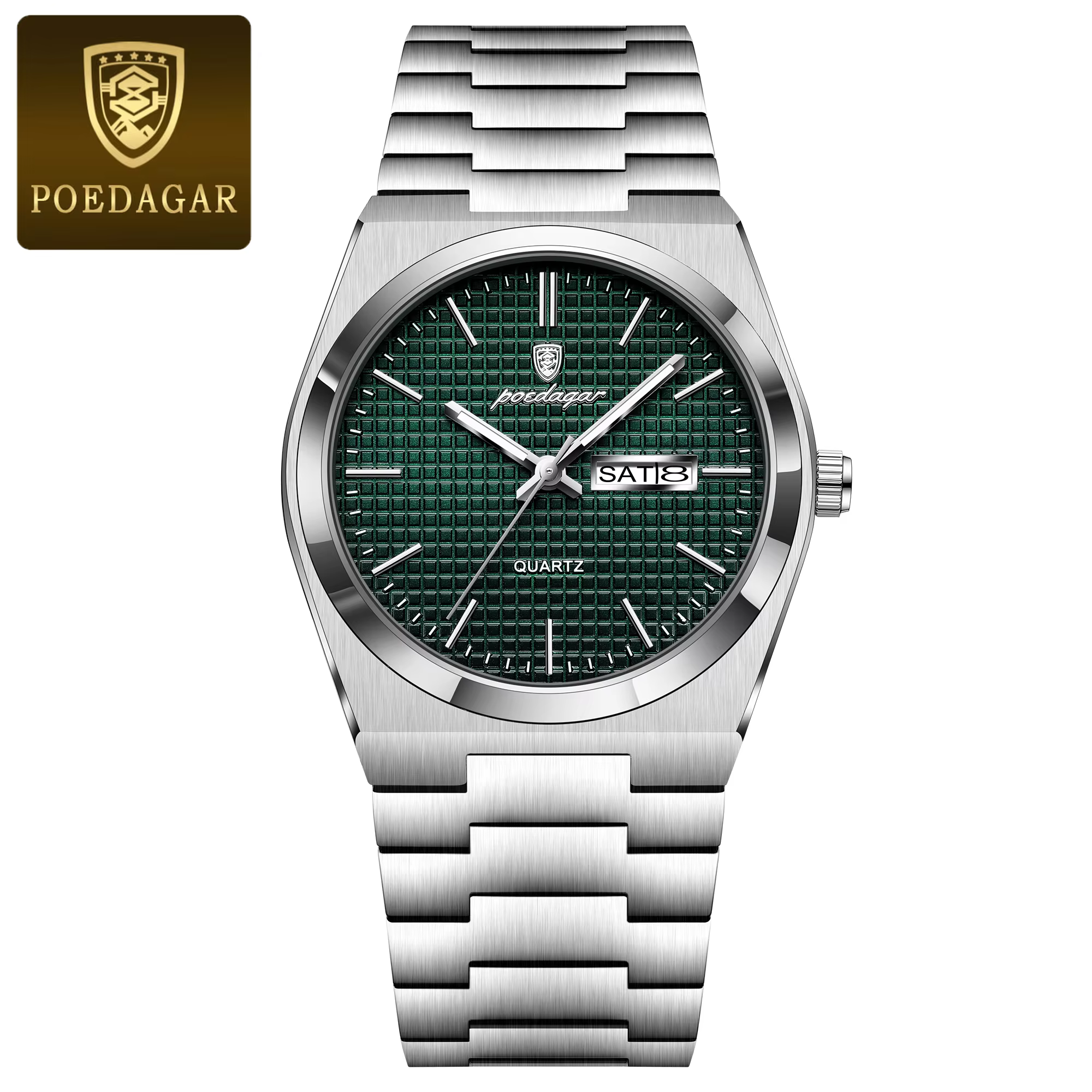 POEDAGAR 821 Quartz Analog Watch in silver green with a patterned dial.