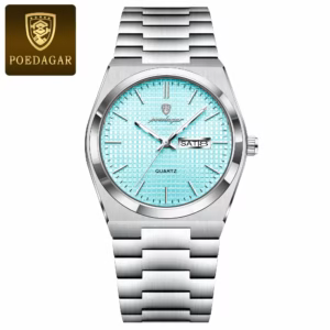 POEDAGAR 821 Quartz Analog Watch in silver with a patterned mint blue dial.