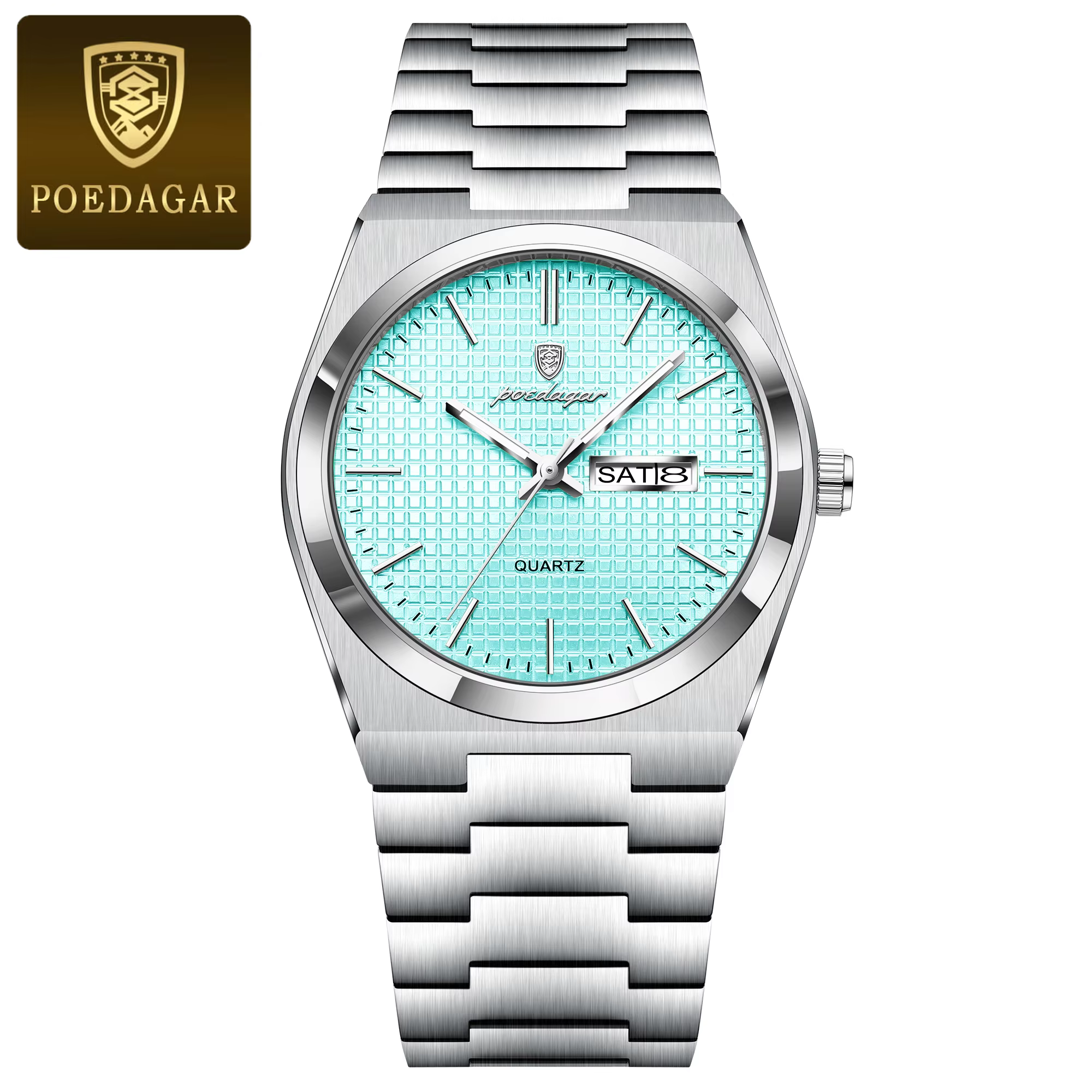 POEDAGAR 821 Quartz Analog Watch in silver with a patterned mint blue dial.