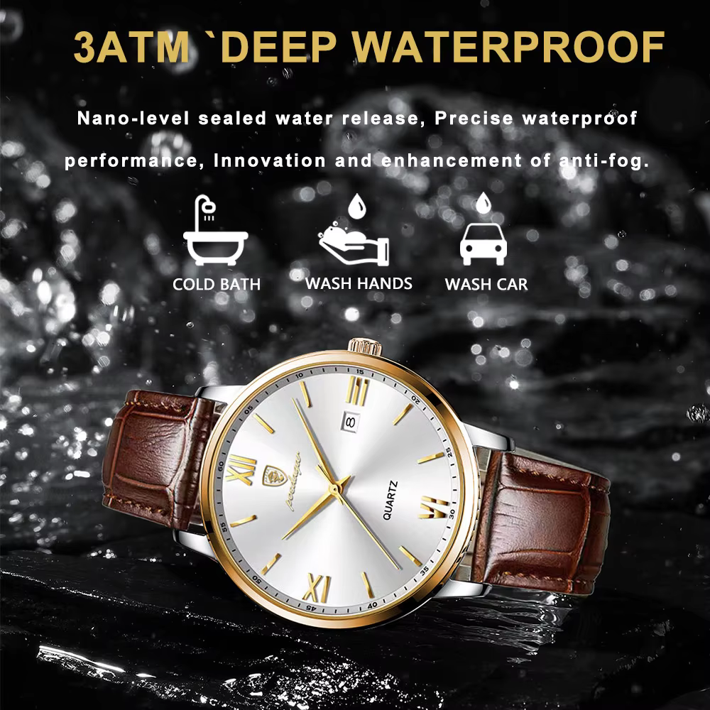 POEDAGAR 826L Quartz Analog Watch with black dial, gold accents, and brown leather strap.