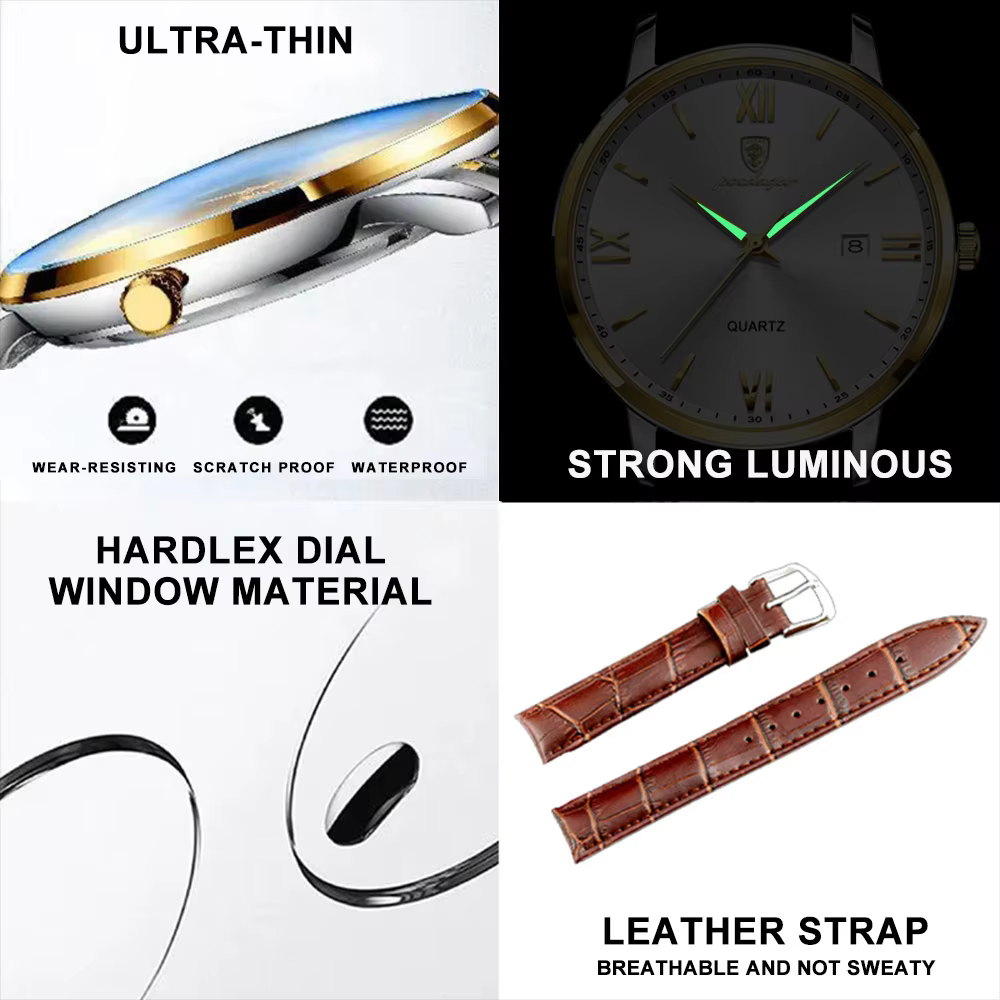POEDAGAR 826L Quartz Analog Watch with thin case, luminous hands, Hardlex crystal, and brown leather strap.