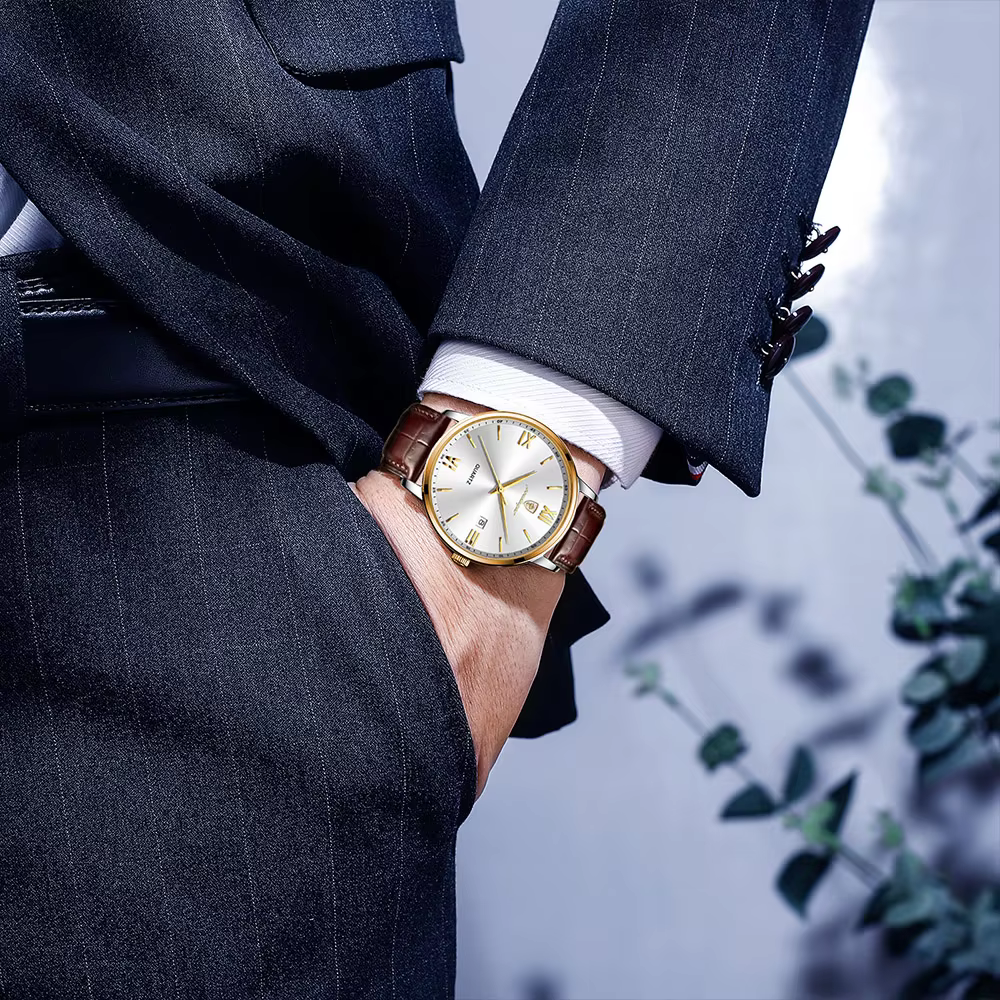 Man wearing a POEDAGAR 826L Quartz Analog Watch with a brown leather strap.