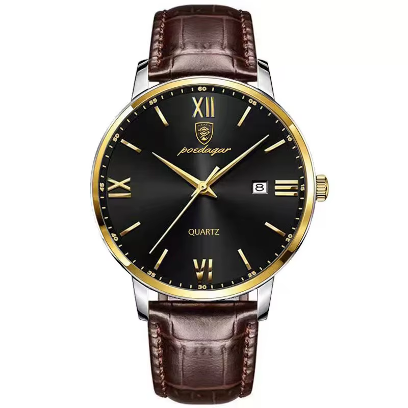 POEDAGAR 826L Quartz Analog Watch in gold and black with a brown leather strap.