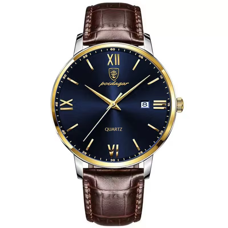 POEDAGAR 826L Quartz Analog Watch with a gold blue dial and brown leather strap.