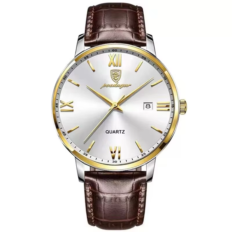 POEDAGAR 826L Quartz Analog Watch in gold and white with a brown leather strap.