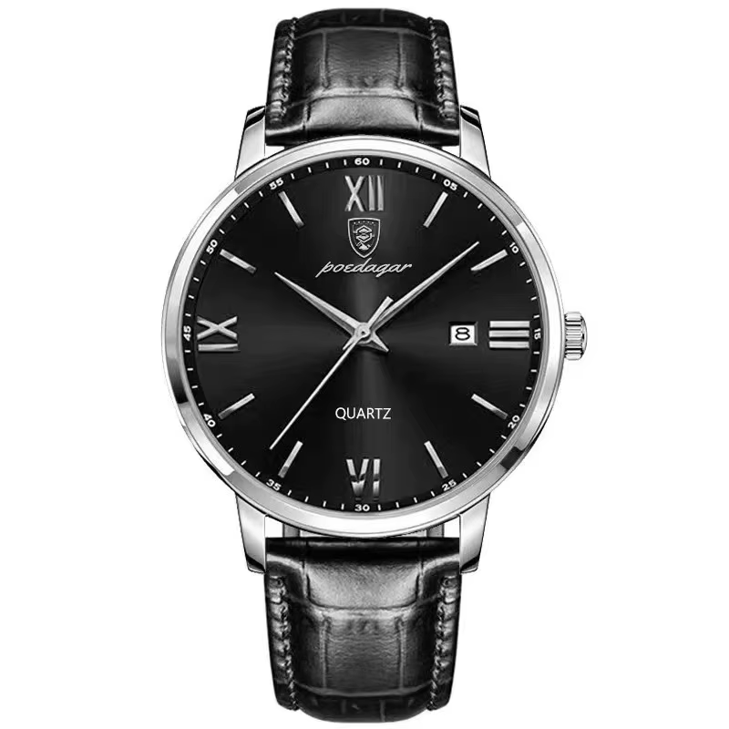 POEDAGAR 826L Quartz Analog Watch with a silver case, black dial, and black leather strap.
