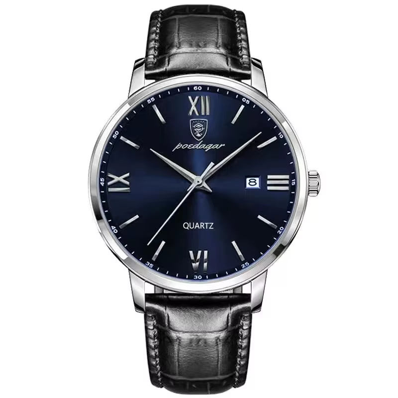 POEDAGAR 826L Quartz Analog Watch in silver blue with a black leather strap.