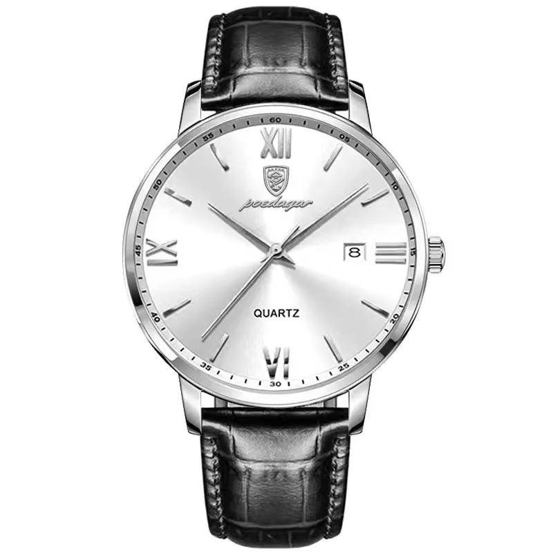 Silver white POEDAGAR 826L Quartz Analog Watch with a black leather strap.