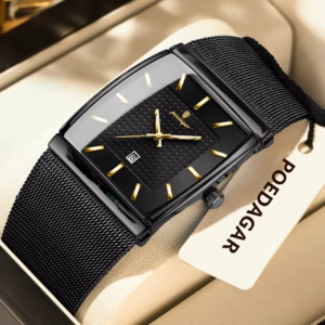 POEDAGAR 885 Quartz Analog Watch with black dial, gold markers, and black mesh strap.