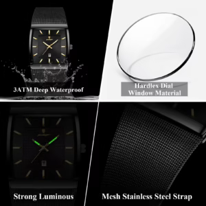 POEDAGAR 885 Quartz Analog Watch gallery highlighting waterproof design, luminous hands, and black mesh strap.