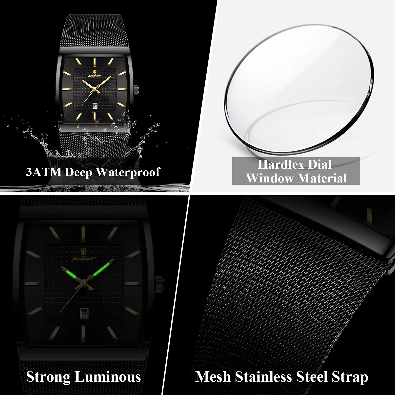POEDAGAR 885 Quartz Analog Watch gallery highlighting waterproof design, luminous hands, and black mesh strap.