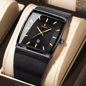 POEDAGAR 885 Quartz Analog Watch featuring a black dial with gold accents and mesh strap.