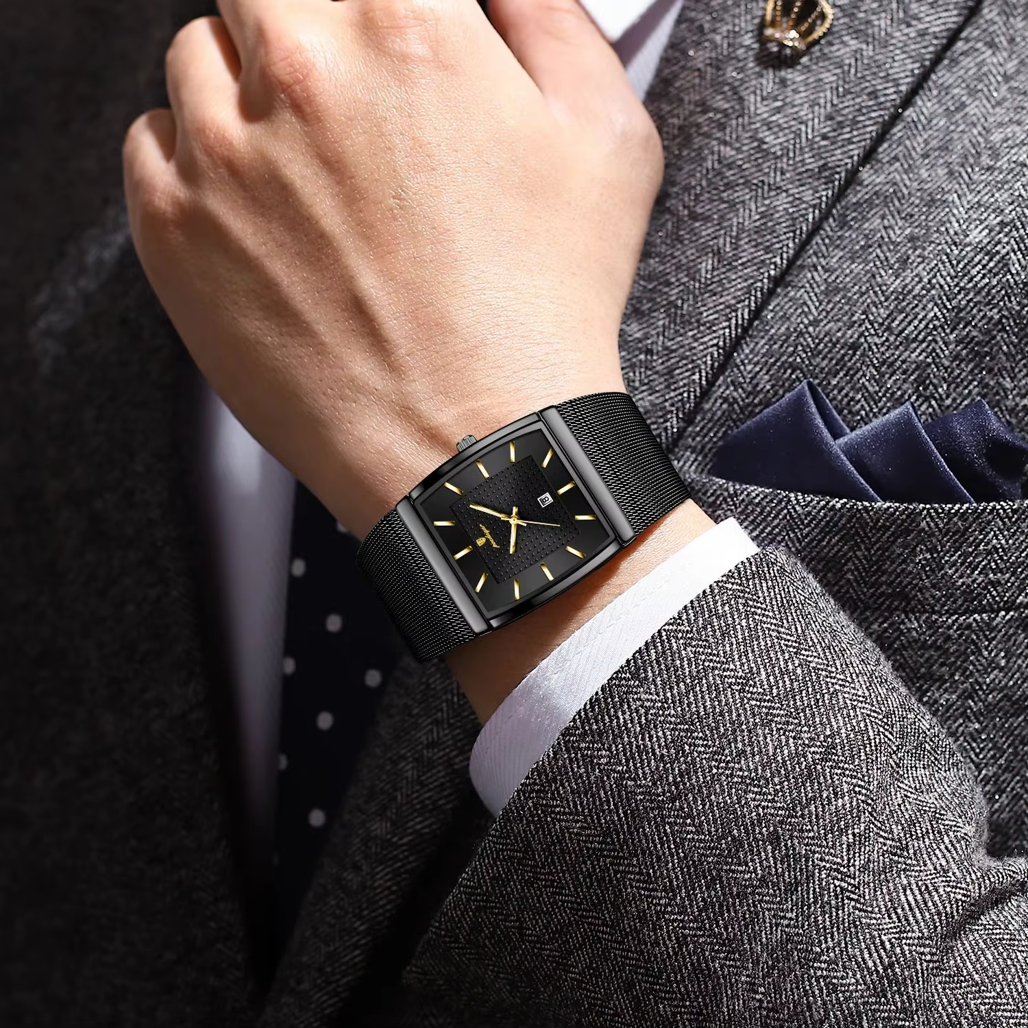Black POEDAGAR 885 Quartz Analog Watch with mesh strap worn on a wrist.