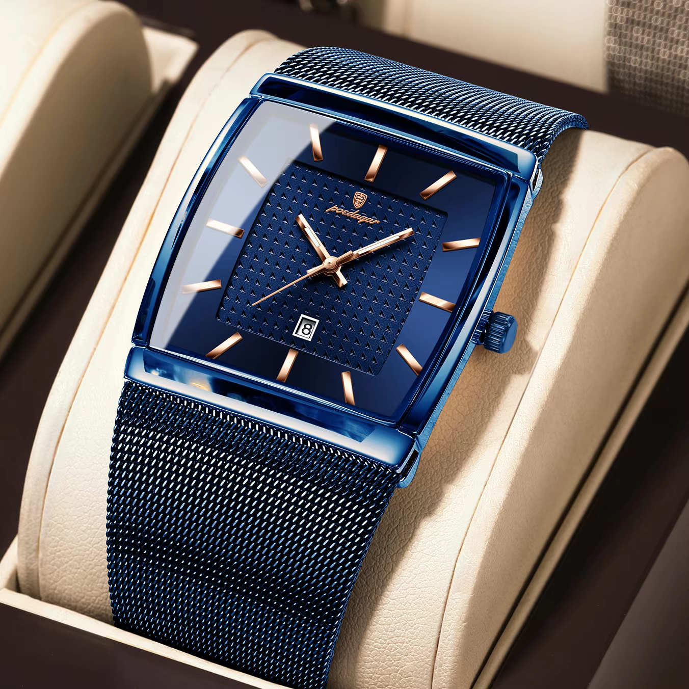 POEDAGAR 885 Quartz Analog Watch in blue with rectangular case and mesh strap.