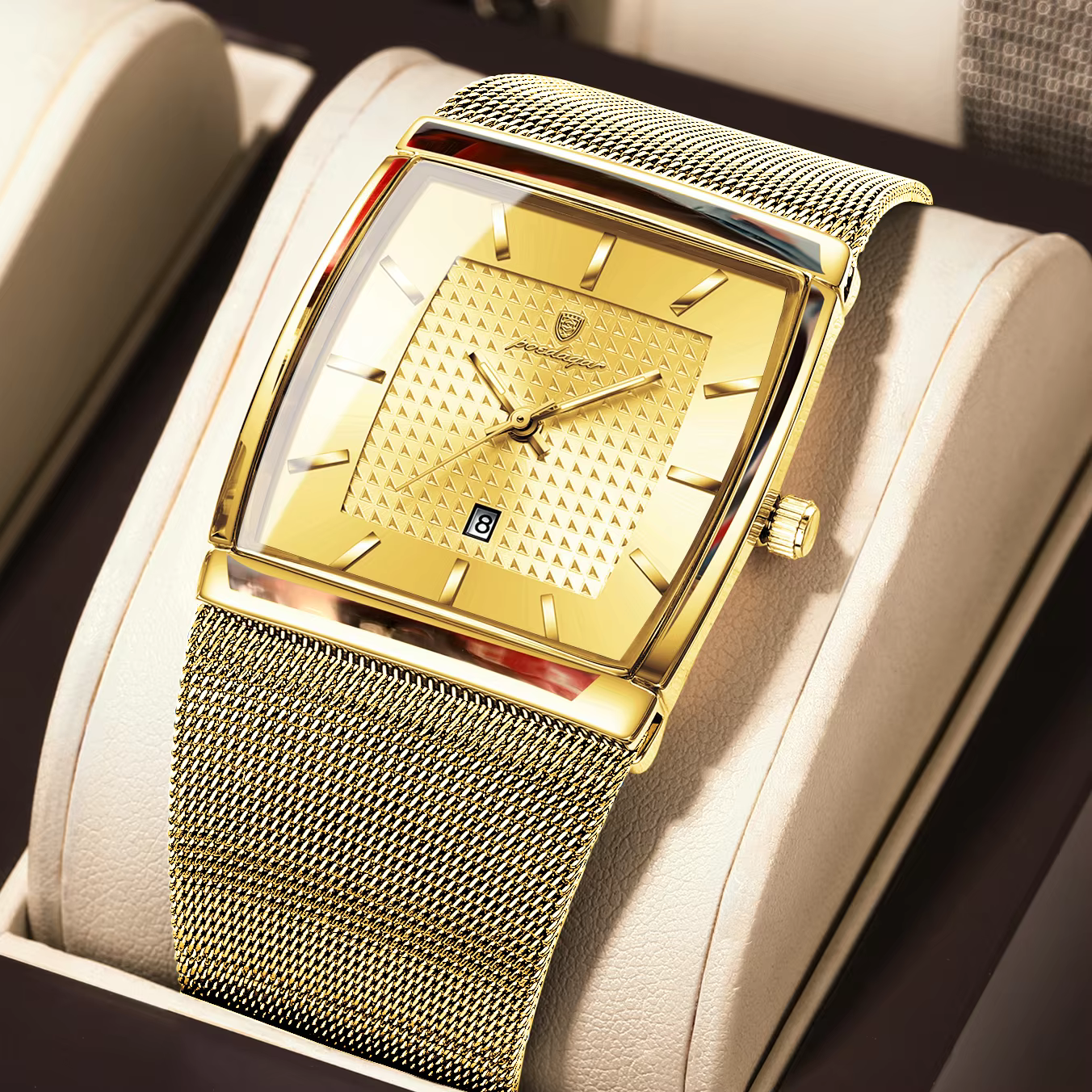 Gold POEDAGAR 885 Quartz Analog Watch with rectangular case and mesh strap.