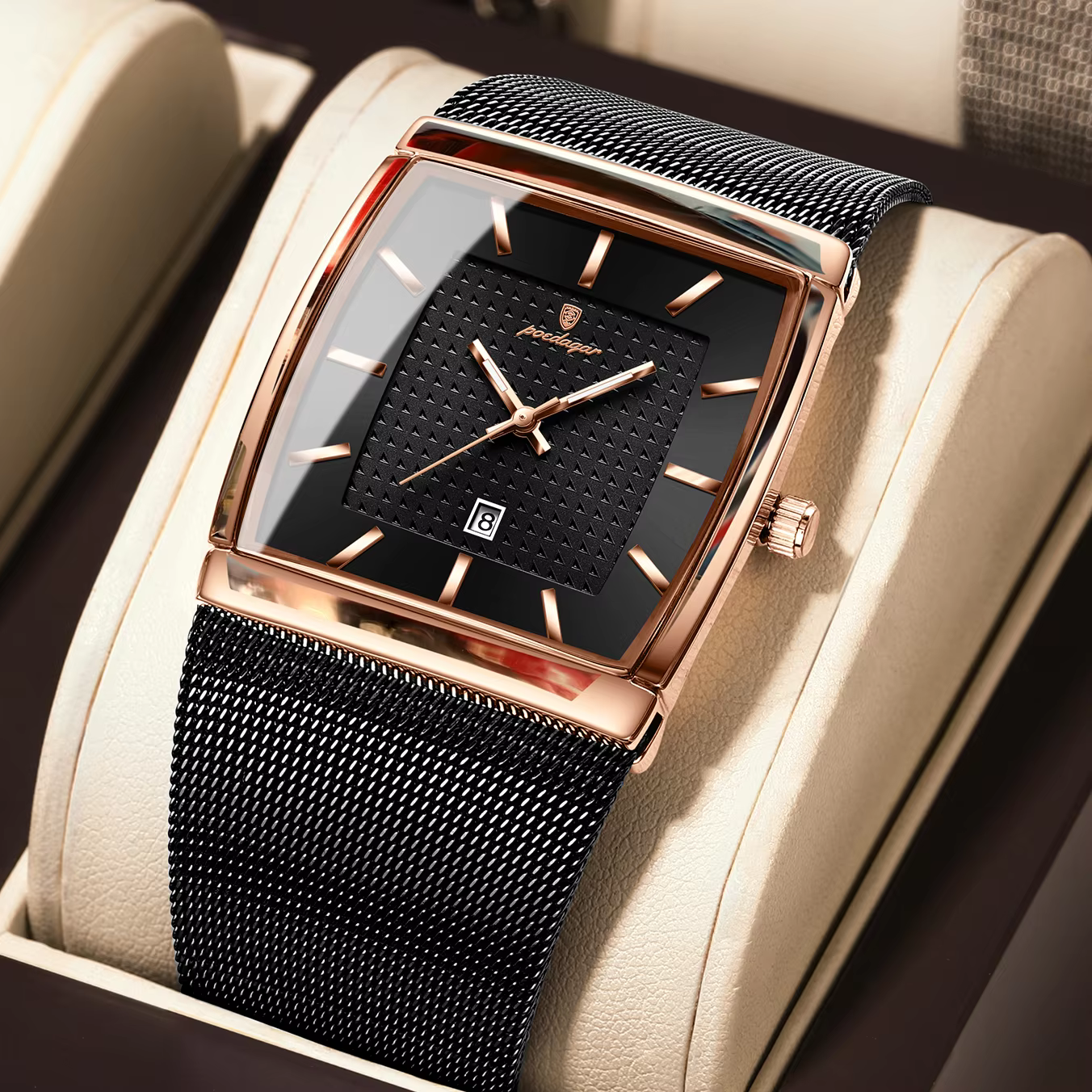 POEDAGAR 885 Quartz Analog Watch with rose gold case black dial and mesh strap.