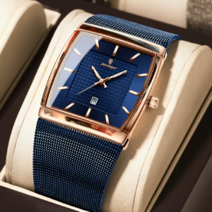 POEDAGAR 885 Quartz Analog Watch rose gold case with blue dial and mesh strap.