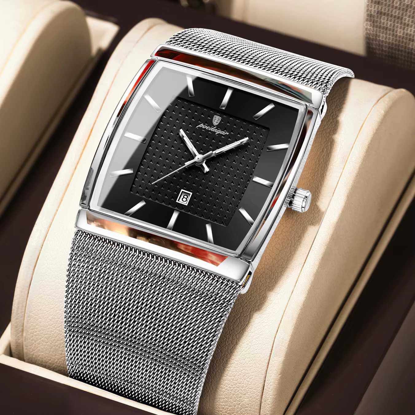 Silver and black POEDAGAR 885 Quartz Analog Watch with stainless steel mesh strap.