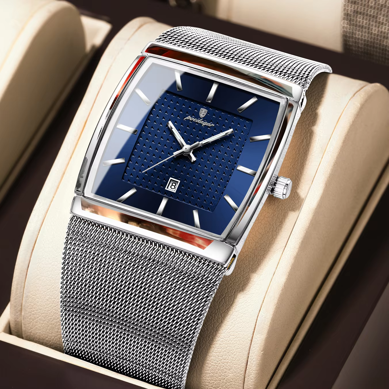 POEDAGAR 885 Quartz Analog Watch in silver blue with rectangular dial and mesh strap.