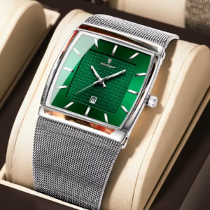POEDAGAR 885 Quartz Analog Watch in silver green with stainless steel mesh strap.