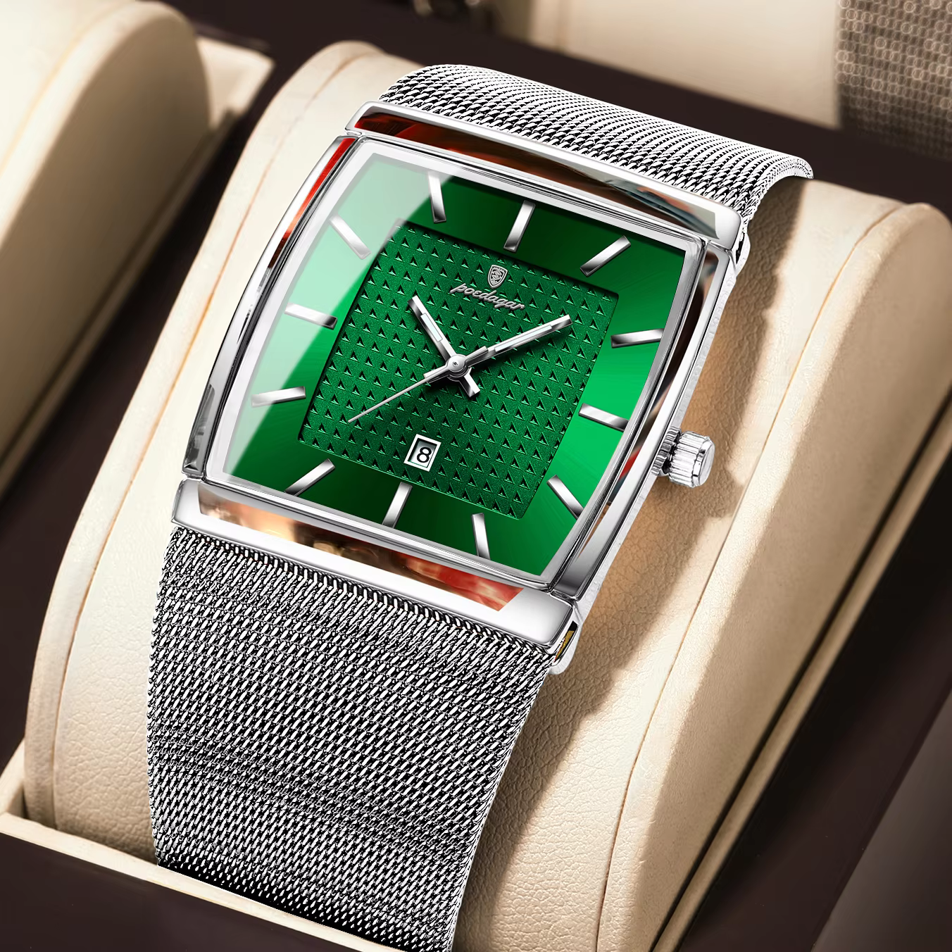 POEDAGAR 885 Quartz Analog Watch in silver green with stainless steel mesh strap.