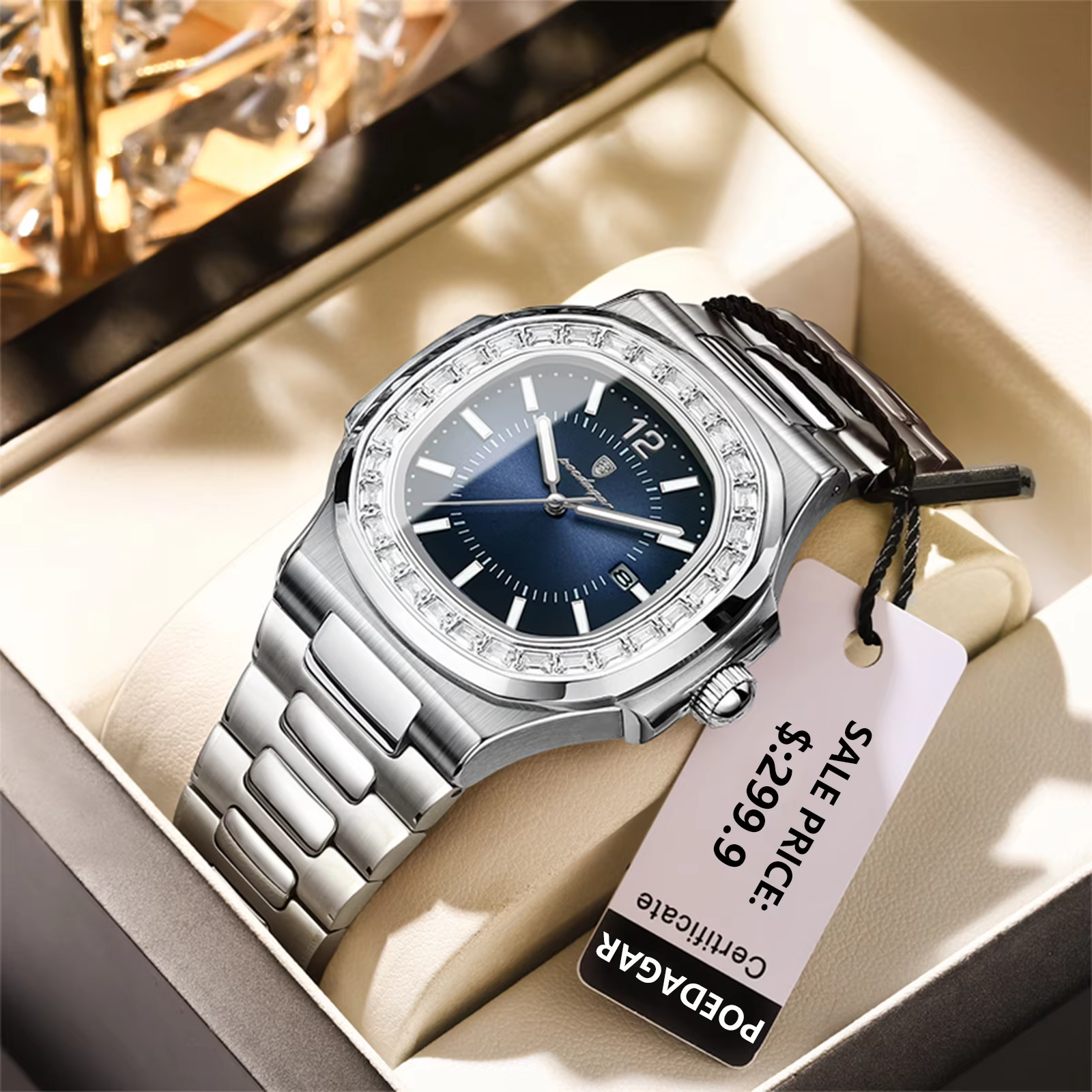 POEDAGAR 918 Quartz Analog Watch with a blue dial and silver stainless steel bracelet.
