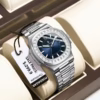 POEDAGAR 918 Quartz Analog Watch with silver stainless steel bracelet and blue dial.