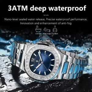 POEDAGAR 918 Quartz Analog Watch, silver stainless steel with a blue dial and water splash.