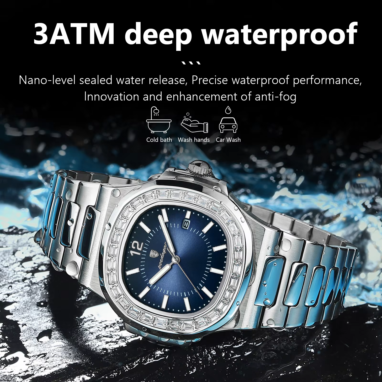 POEDAGAR 918 Quartz Analog Watch, silver stainless steel with a blue dial and water splash.