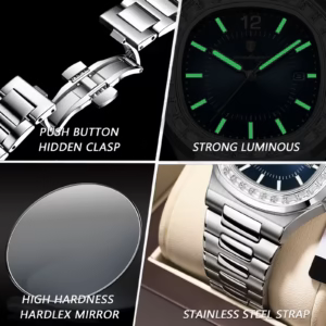 POEDAGAR 918 Quartz Analog Watch gallery showing clasp, luminous dial, crystal, and strap.