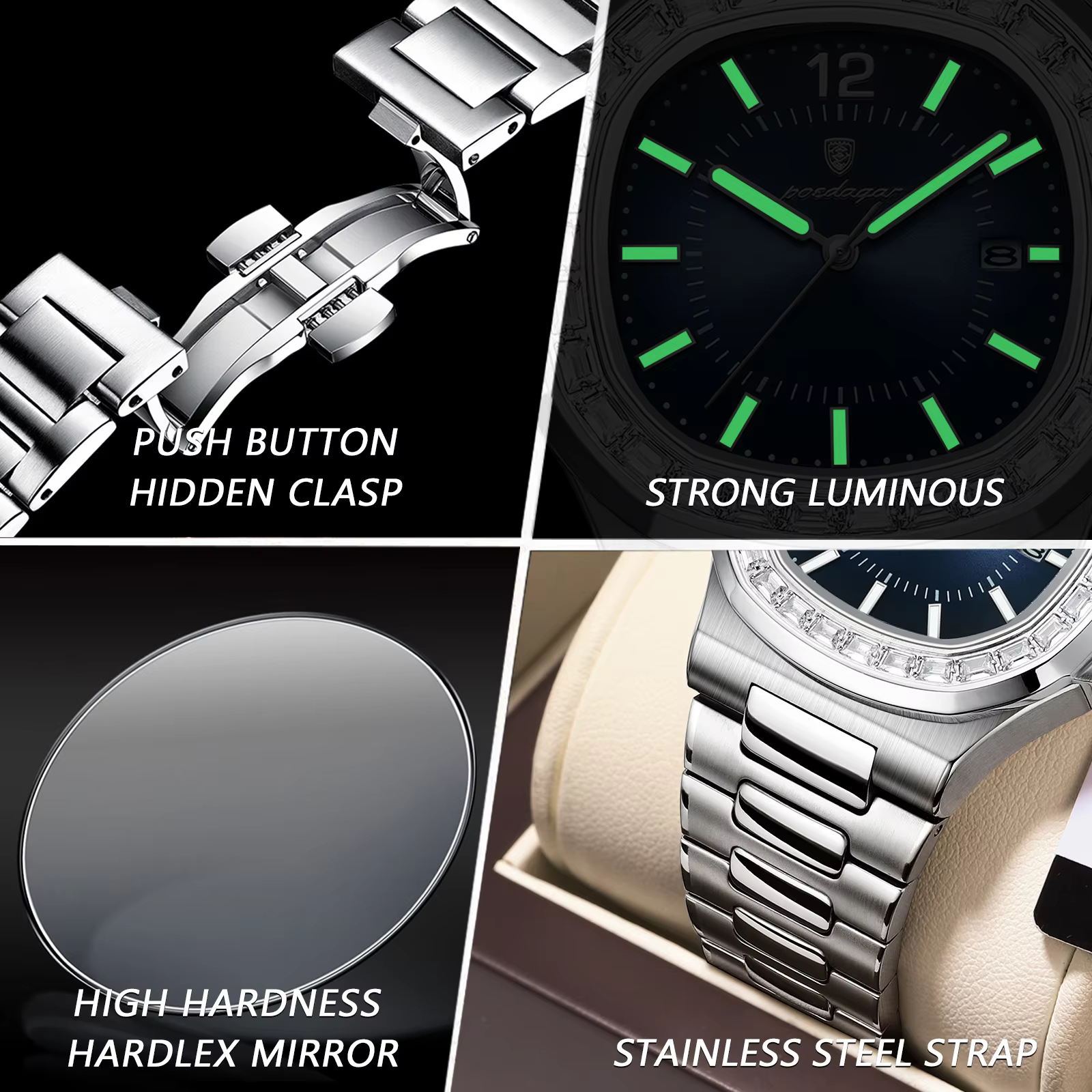 POEDAGAR 918 Quartz Analog Watch gallery showing clasp, luminous dial, crystal, and strap.