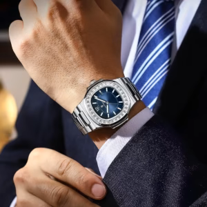 Man wearing a stainless steel POEDAGAR 918 Quartz Analog Watch with a blue dial.
