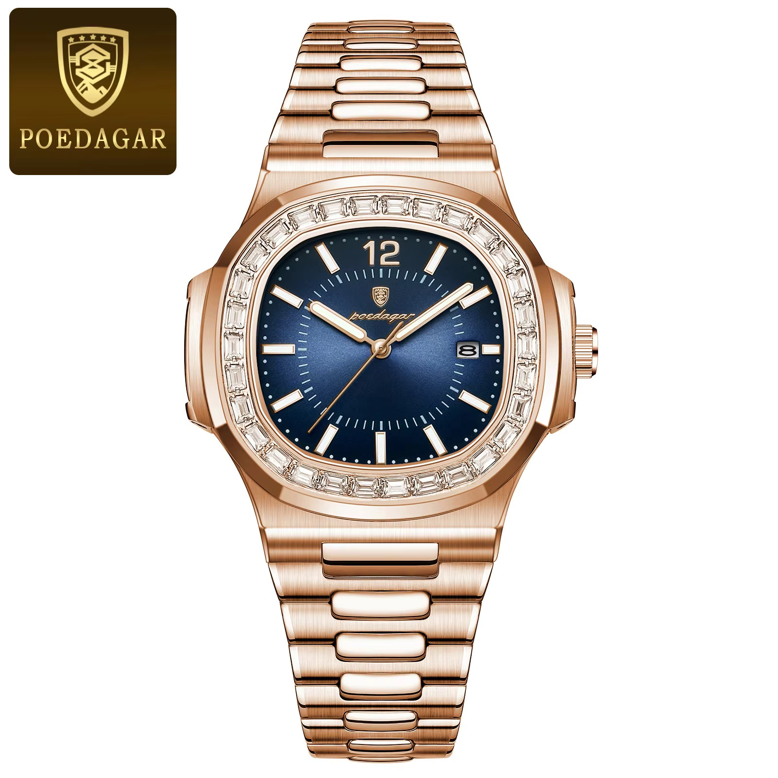 POEDAGAR 918 Quartz Analog Watch in rose gold with a blue dial.