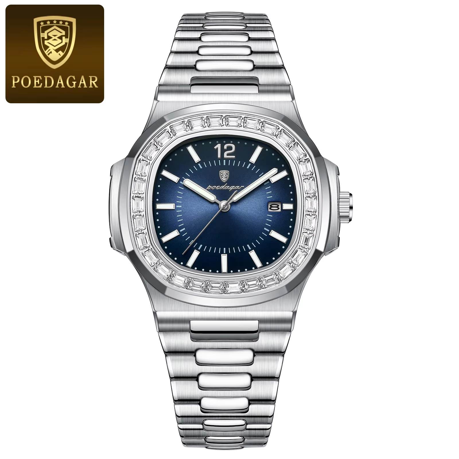 POEDAGAR 918 Quartz Analog Watch in silver blue with a stainless steel bracelet.