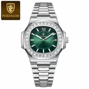 POEDAGAR 918 Quartz Analog Watch in silver green with a green dial and stainless steel bracelet.